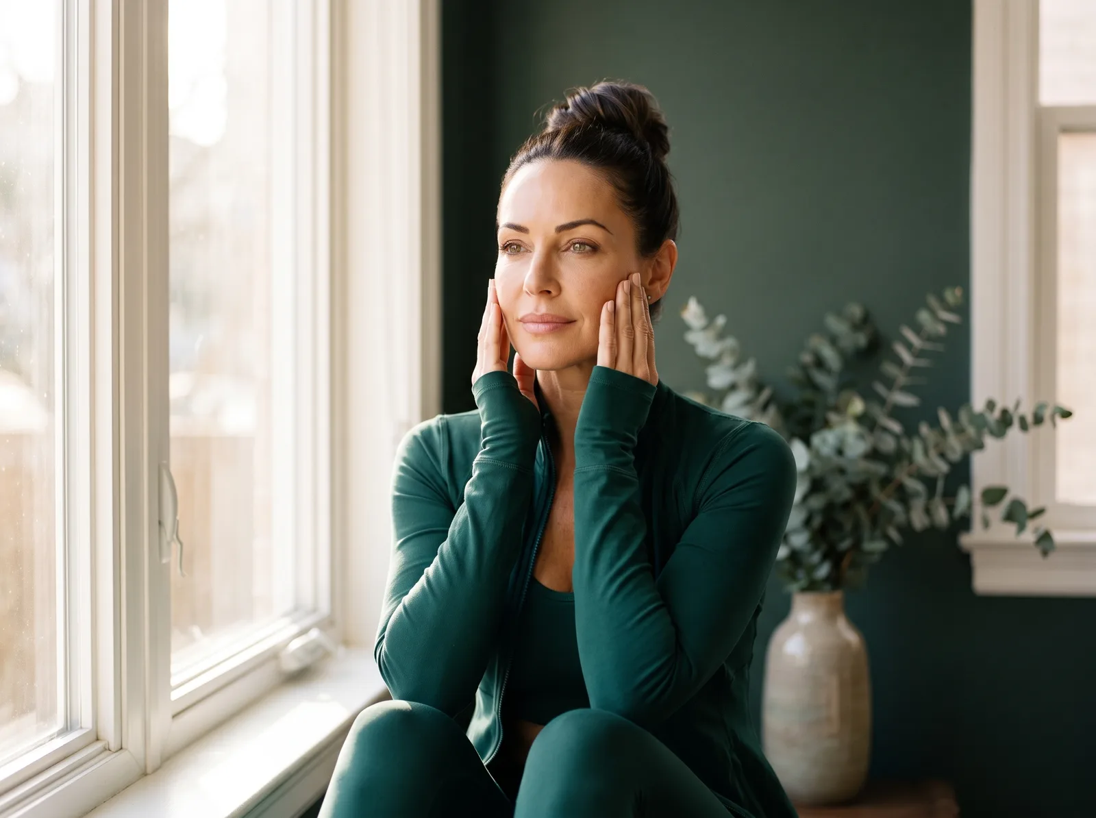 A student sitting by a window at home, practising a facial exercise with her own fingertips resting on her cheekbones